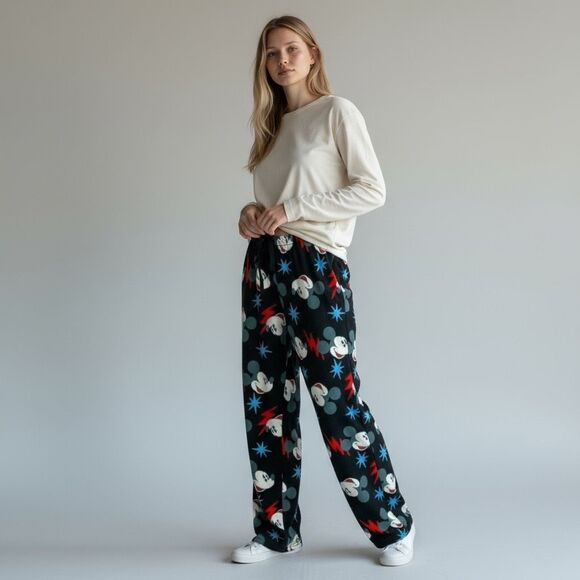 Disney Solid Black Mickey Mouse Graphic Pajama Pants Elastic Waist Band size L - Picture 1 of 11